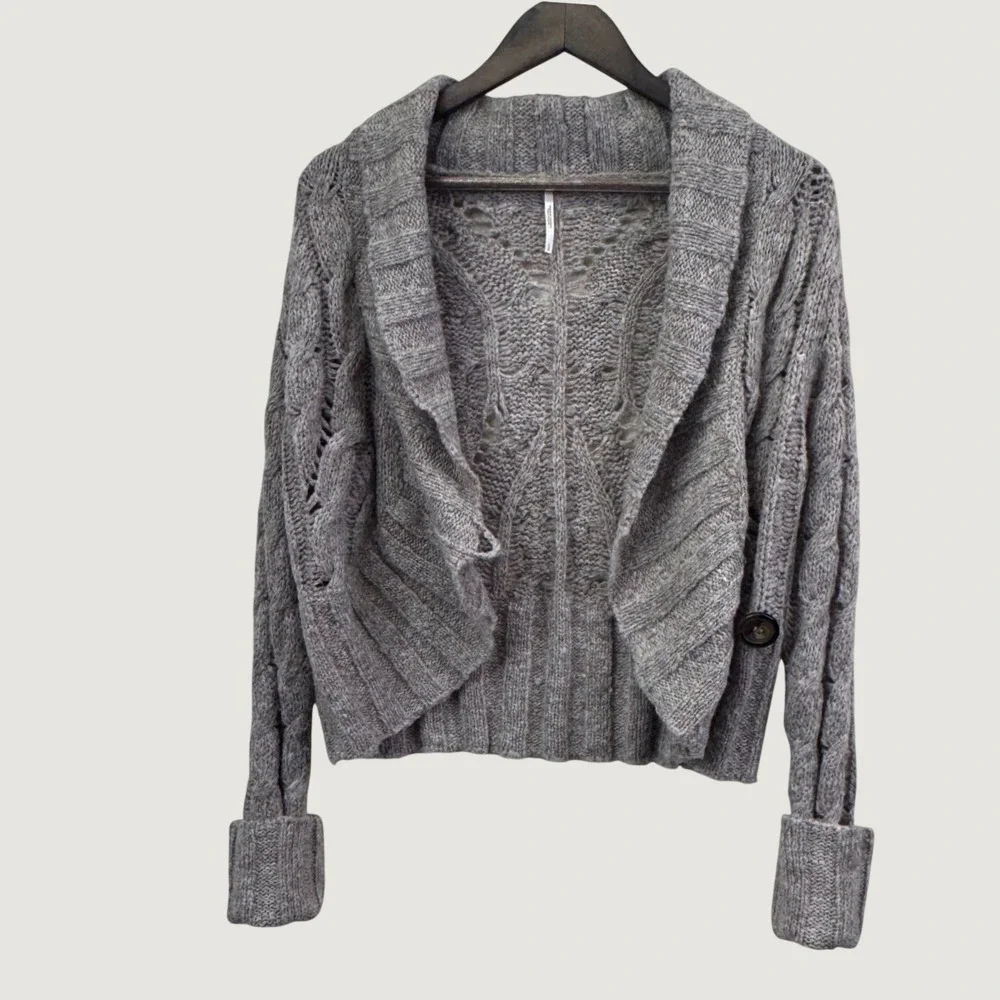 Free People Cardigan Large Grey Cable Knit Wool Blend Boho Shawl Collar Sweater
